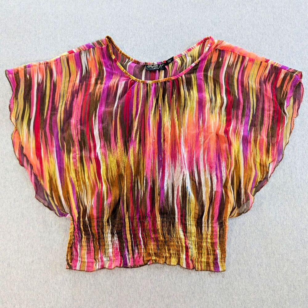 Lola P PL Petite Multicolor Striped Chiffon Smocked Dolman Short Sleeve Blouse